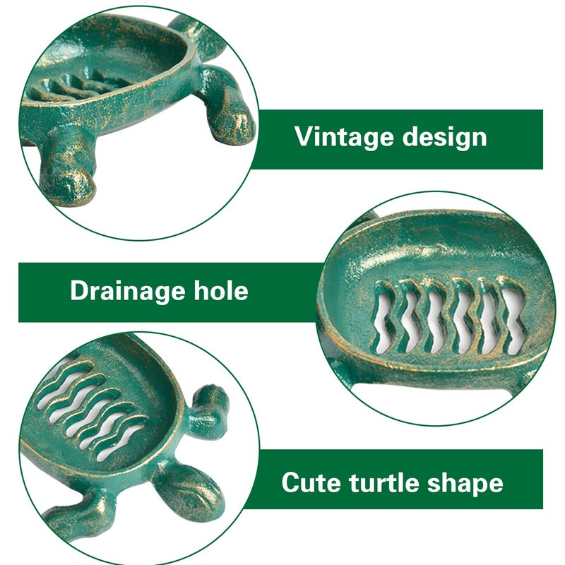 Sungmor Heavy Duty Cast Iron Drainable Soap Holder - Lovely Tortoise Shaped & Antique Green & Gold Finish - Kitchen Bathroom Sink Soap Dish Tray - Practical & Decorative Tabletop Soap Box Container - Image 5